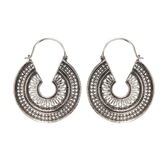 81stgeneration Women's Silver Tone Brass 40 mm C-Shape Aztec Egyptian Tribal Dotwork Hoop Earrings