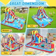 Adnoom Inflatable Water Slide for Bid Kids, Bounce House with Obstacle Course, Dual Pools, Slide, Basketball Hoop, Climbing Wall, Water Cannon, Jumping Castle without Blower, Water Park for Backyard