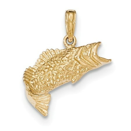14K Yellow Gold Polished & Textured Bass Fish Pendant