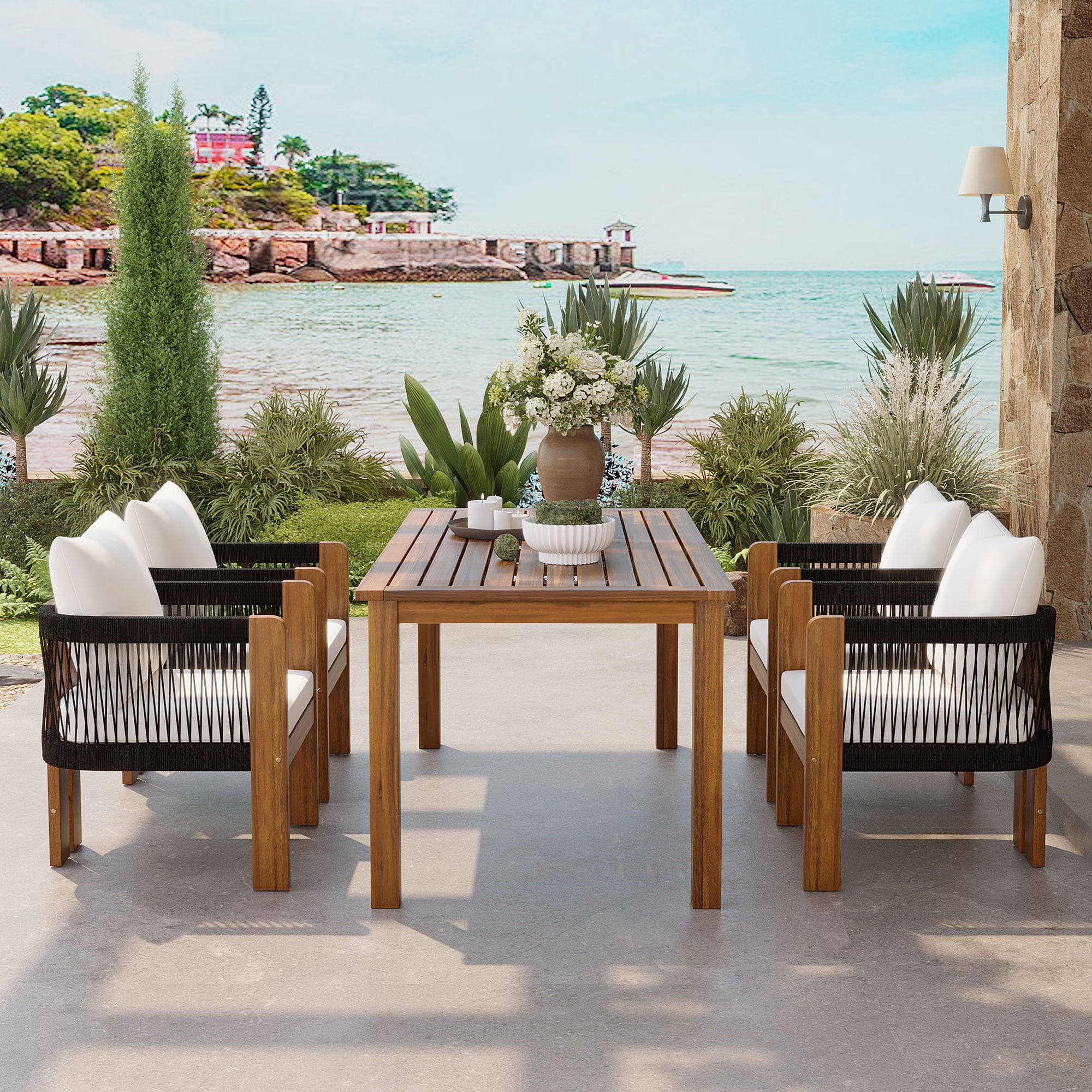 Mintazer 63" 5-Piece Outdoor Dining Set with Rope Woven High Back Chairs & Cushions, Farmhouse Dining Furniture Set for Garden Backyard Poolside, Brown & Black