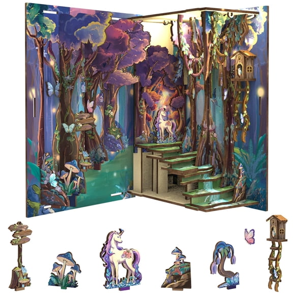 Kit de Rinconcito de Libros Unicornio del Bosque con Luz LED Miniatura Cutefun