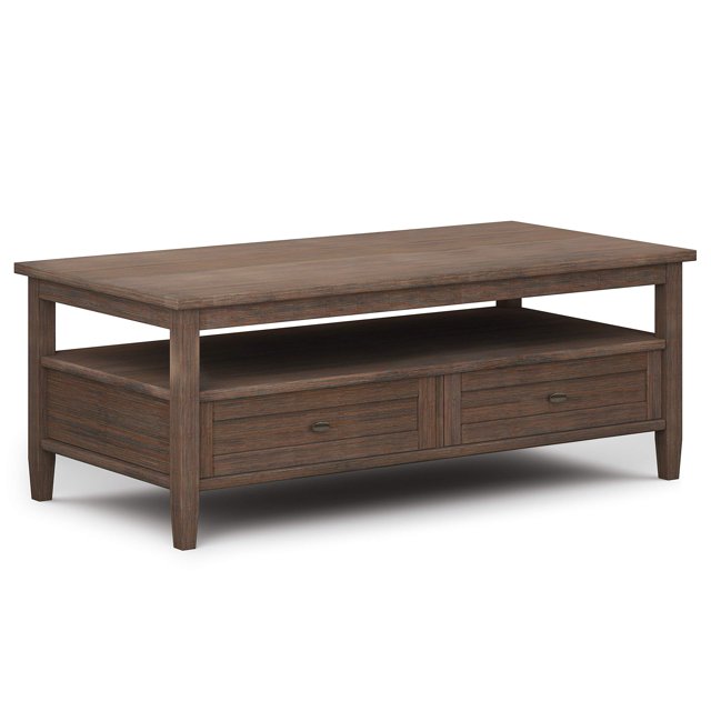 Simpli Home Warm Shaker Solid Wood Rectangle Transitional Coffee Table with Two Drawers and Open Shelf, Farmhouse Brown