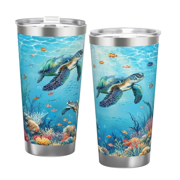 20oz Sea Turtle Ocean Coral Reef Insulated Tumbler with Handle and Straw Travel Cup Car Cup with Double Silver Rim