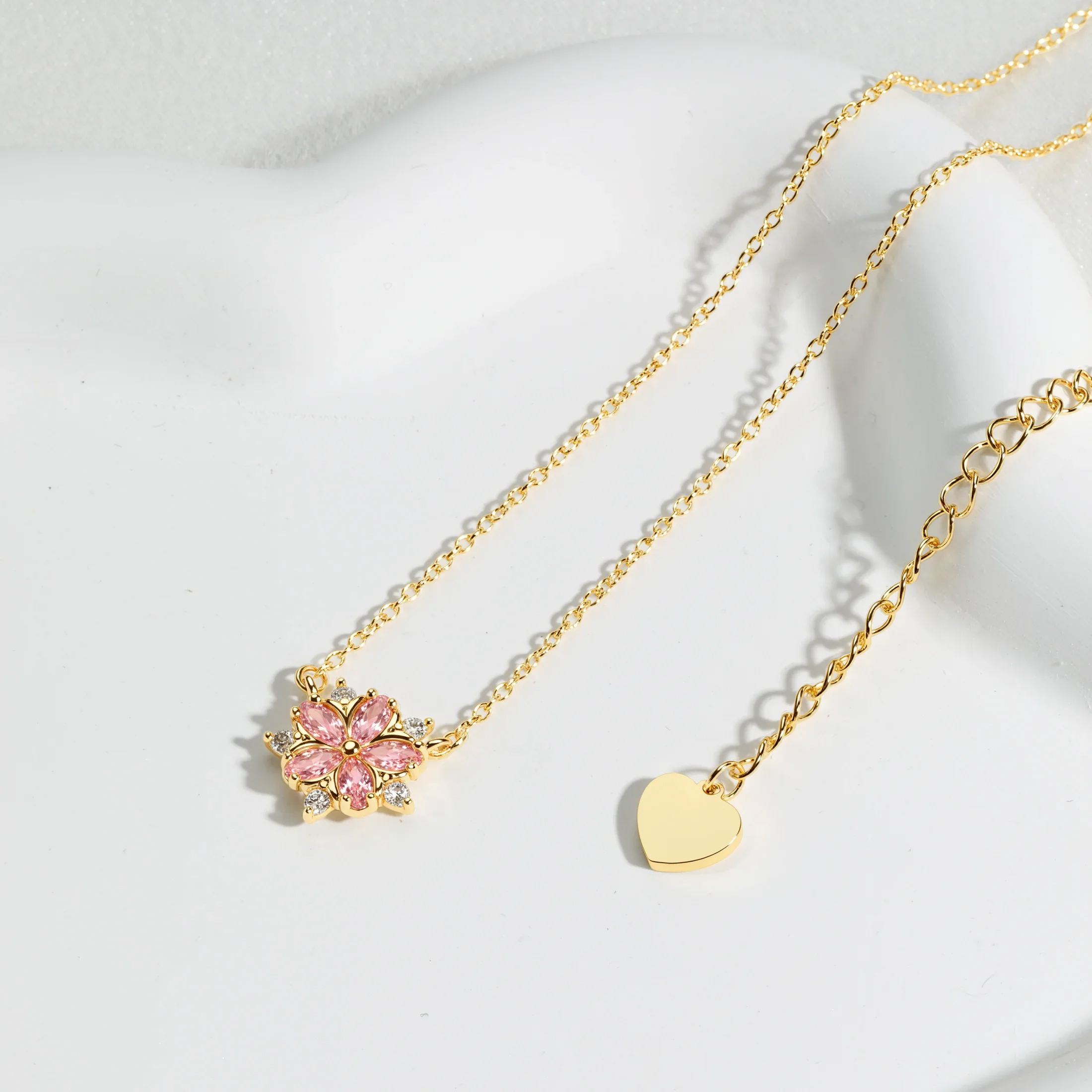 MENGLISI Light Pink Cubic Zirconia Five-Petal Flower Pendant Necklace for Women, 14K Gold Plated Copper