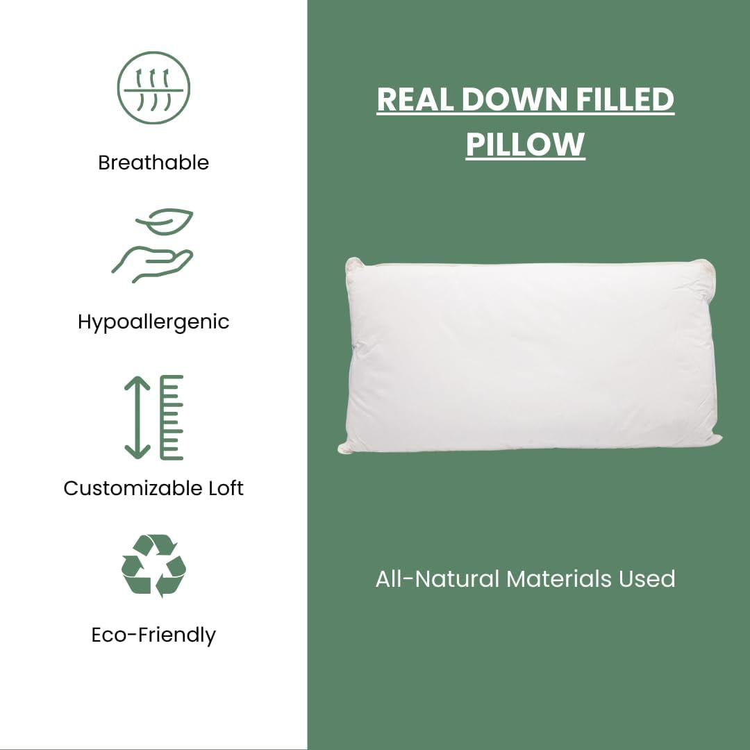 OrganicTextiles Real Down Pillow with Organic Cotton Cover (King Size, Light Fill) GOTS CERTIFIED, Adjustable Loft, Neck Pain Relief Support, Back Side Stomach Sleepers, Bed Pillow for Sleeping