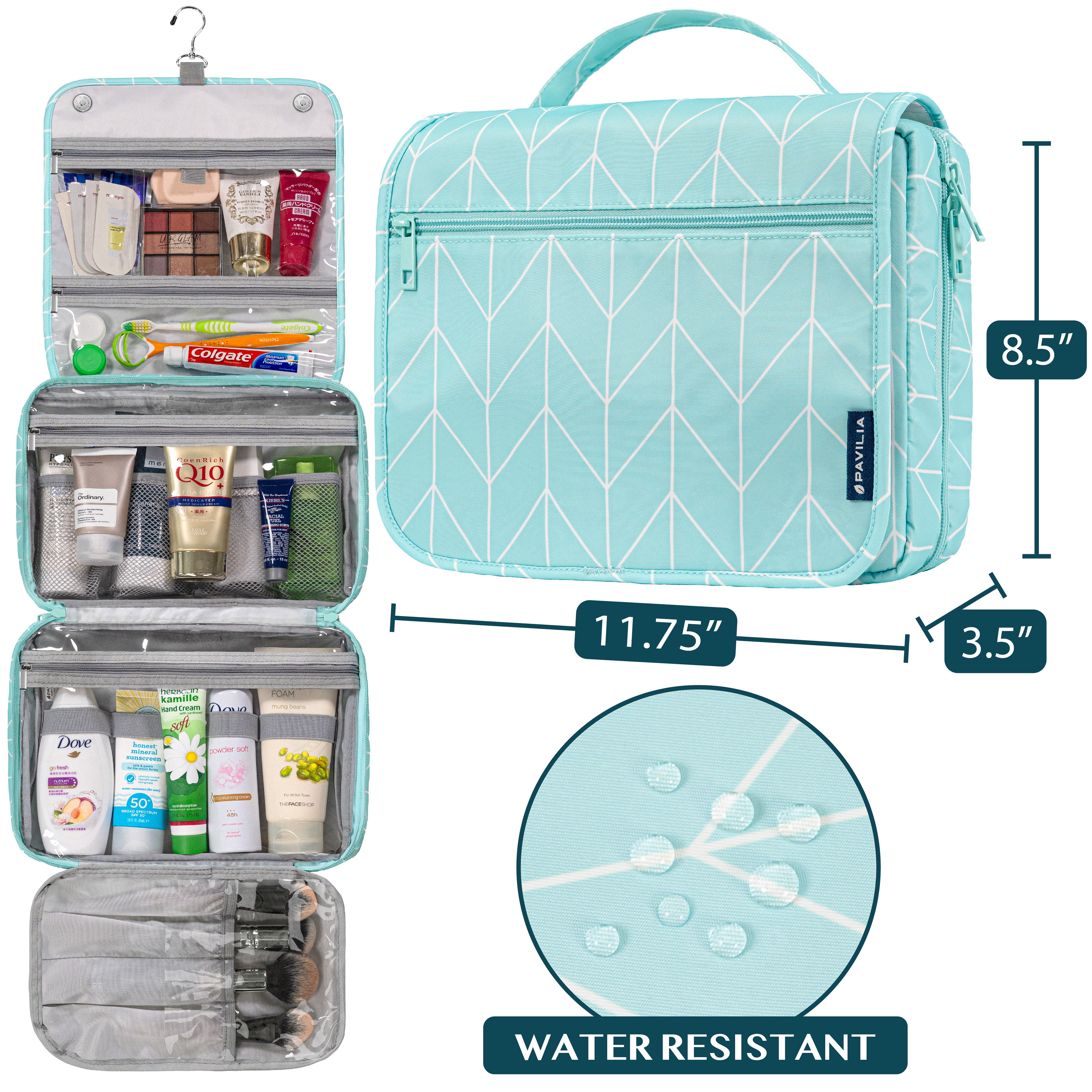 PAVILIA Hanging Toiletry Bag Women Men, Foldable Cosmetic Organizer Travel Bag, Water Resistant Makeup Bag Toiletries, Large Travel Essentials Kit (Teal Chevron)