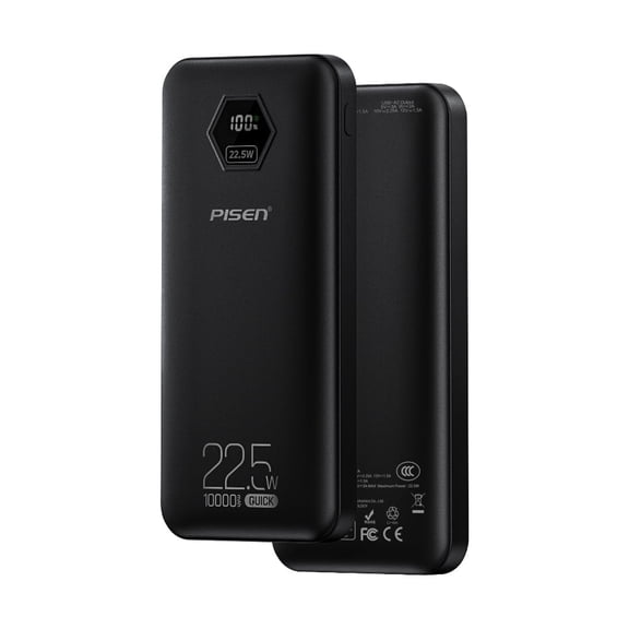 PISEN 10000mAh 3C Power Bank, 22.5W CCC Certified Power Bank, Travel Battery Pack 3C Portable Charger, Supports PD 3.0, QC 3.0, LED Display Travel Portable Charger for iPhone, Samsung and More