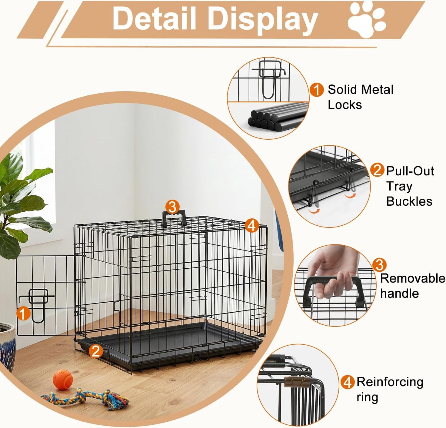 FDW 24 Inch Dog Crate Pet Cage with Metal Folding Design Plastic Tray Indoor Outdoor Dog Kennel Cage for Small Dogs,Black