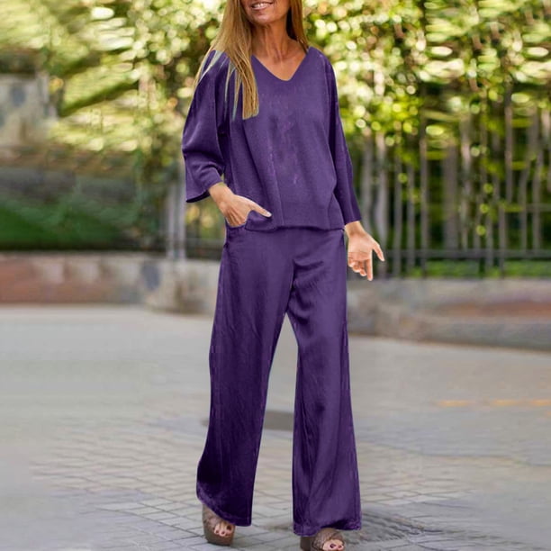 Ichuanyi liquidación color color-cuello en v buque de manga tops de manga larga+ bolsas de cintura elástica pantalones largos de dos piezas ICHUANYI WER2023082211264