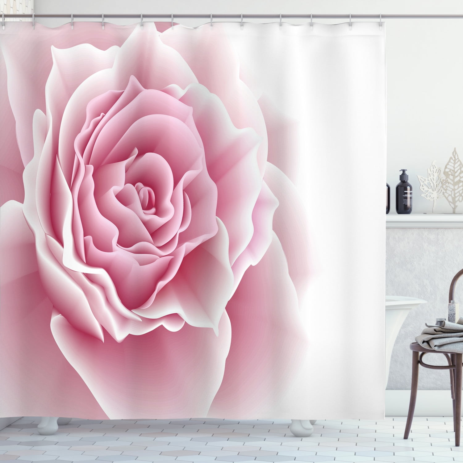 72x72" Pink Blooming Rose Waterproof Fabric Shower Curtain Set Bathroom Hooks 