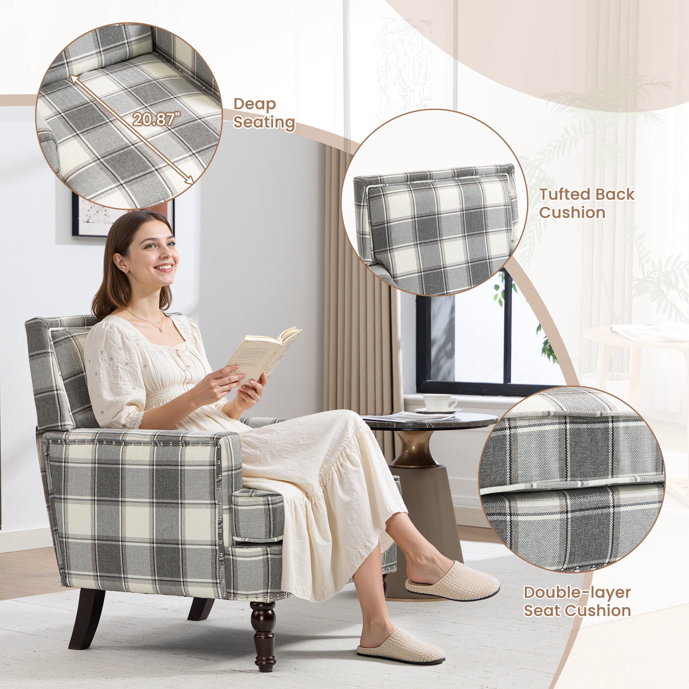 LEGAHOME Vintage Accent Chair, Upholstered Armchair with Nailhead Trim, Linen Fabric Arm Chair Comfort Reading Chair Lounge Chair for Living Room Bedroom Sunroom, Antique Grey(1PC)