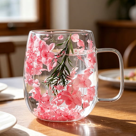 Double Walled Glass Coffee Mugs Flower Coffee Mug With Handle Insulated Heat Resistant Glass Cups Decorative 20 oz Clear Cappuccino Cup For Hot Cold Tea Milk Latte Beverage (Pink)