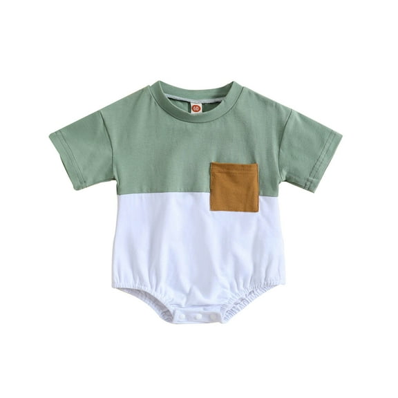 Odeerbi Toddler Romper Baby Boys Girls Clothes Kids Cute Splicing Print Romper Fashion Short Sleeve 2025 Casual Jumpsuit with Pocket Green - White