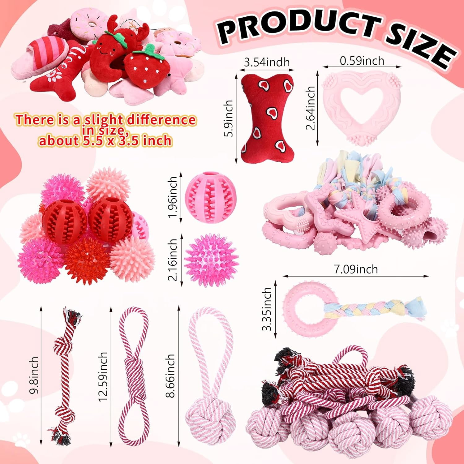 60 Pcs Squeaky Dog Toys Bulk Stuffed Plush Chew Toys Puppy Teething Rope Cute Spiky Chew Ball for Small Dog Pet Teething Gift(Pink Style)