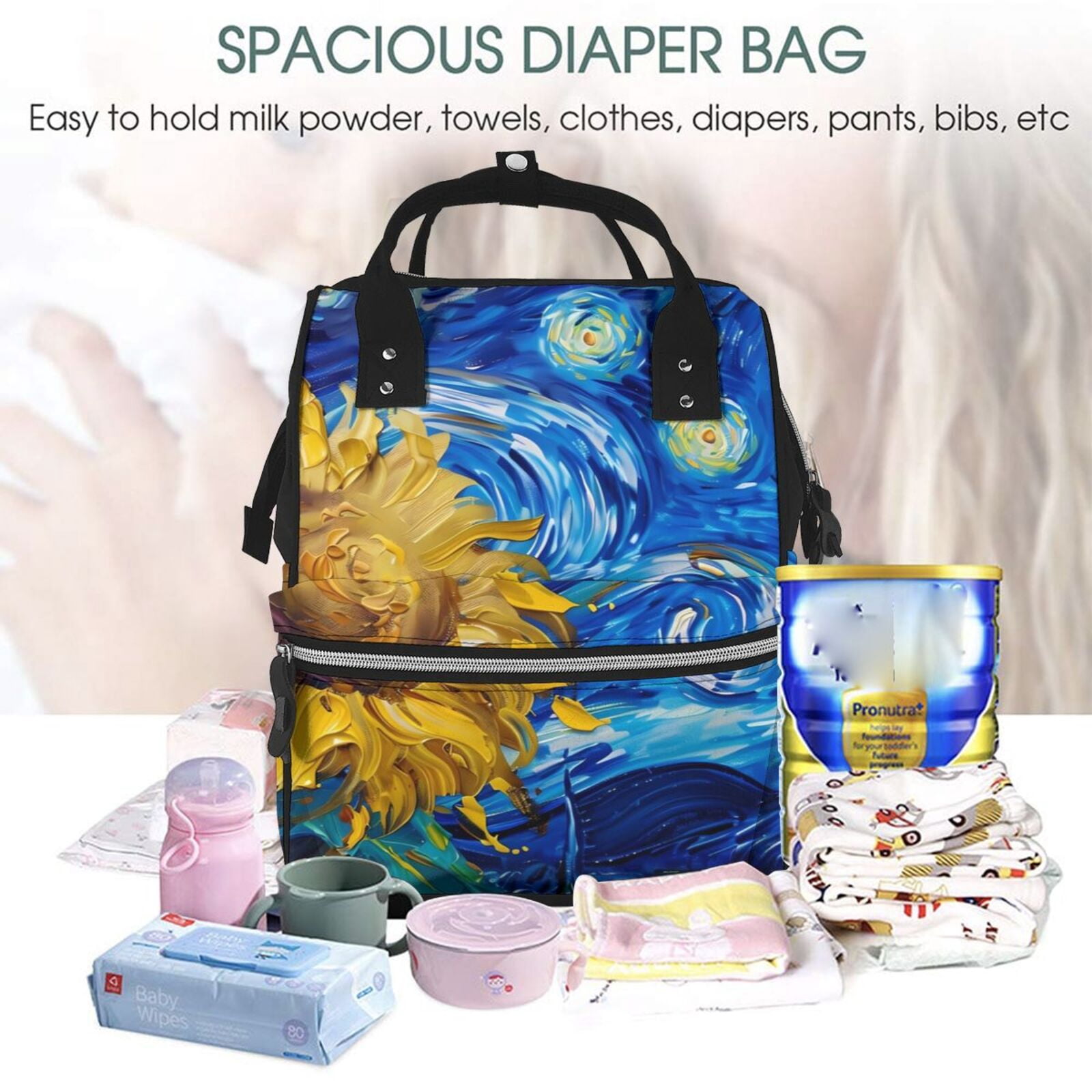 Fuzoiu Whimsical Sunflowers Night Sky Print Diaper Bag Backpack,Baby Essentials Travel Tote,Multi function Waterproof Diaper Bag, Travel Essentials Baby Bag - Unisex