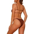 thumbnail image 3 of Conjuntos de bikini de 2 piezas de color sólido con canalé para mujer, traje de baño sin espalda con tirantes finos, traje de baño talla X-Large color marrón oscuro, 3 of 5