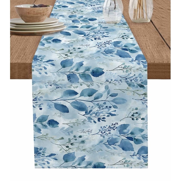 Blue Botanical Table Runner Cotton Linen 48 Inch Holiday Dresser Scarves, Retro Impressionist Style Watercolor Tablerunner for Kitchen Coffee Dining Bedroom Living Room Dinner Scarf Décor 13''x48''
