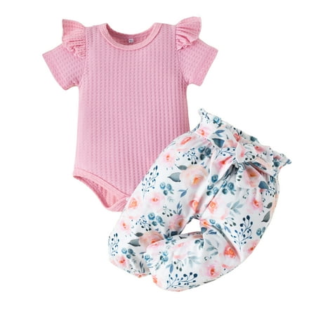 

Baby Girl Clothes Soild Short Sleeves Romper Floral Prints Pants 2pcs Toddler Outfit