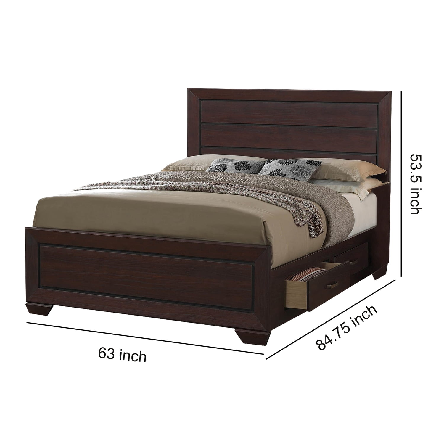 Benjara Wooden Queen Size Bed with 4 Spacious Side Rail Drawers, Dark Brown
