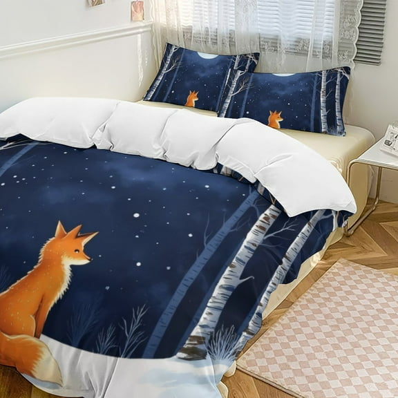 Fox in Winter Forest Moonlight Duvet Cover Set Themed Multicolor Polyester Bedding Set for Bedroom Decoration