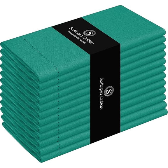Softopia Cotton Hemstitch Table Cloth Napkins 18"x18", Set of 12, Royal Green
