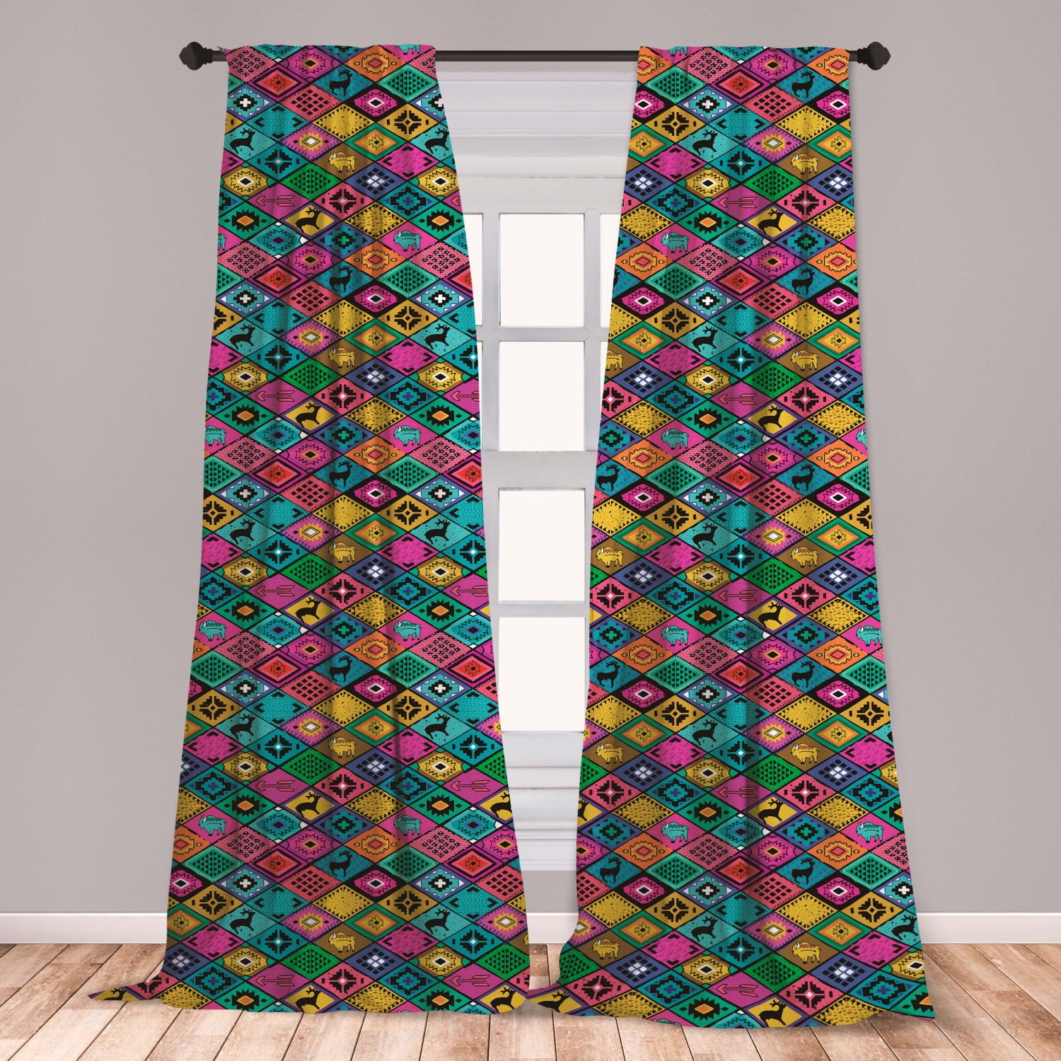 Southwestern Curtains 2 Panels Set, Patchwork Style Pattern in Hand