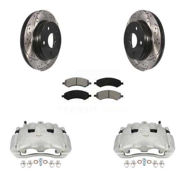 Transit Auto Front Disc Brake Coated Caliper Drilled Slotted Rotors and Semi-Metallic Pads Kit for Car Dodge Ram 1500 KCD-100199S