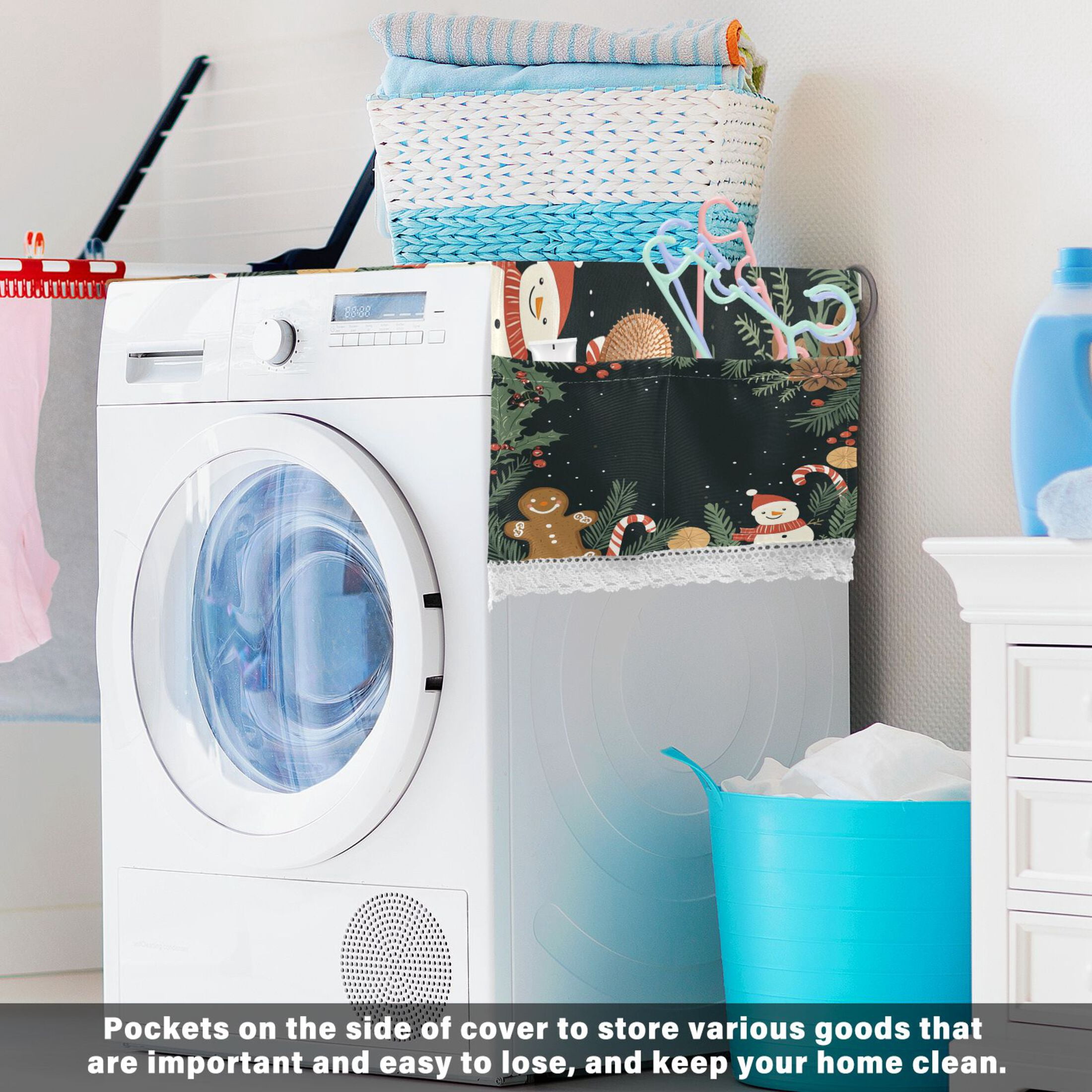 Merry ChristmasWasher and Dryer Covers Dust-Proof and Oil Resistant Fridge Cover with 4 Storage Pockets Washing Machine Top Cover for Laundry Kitchen Home 51.2 x 22 In