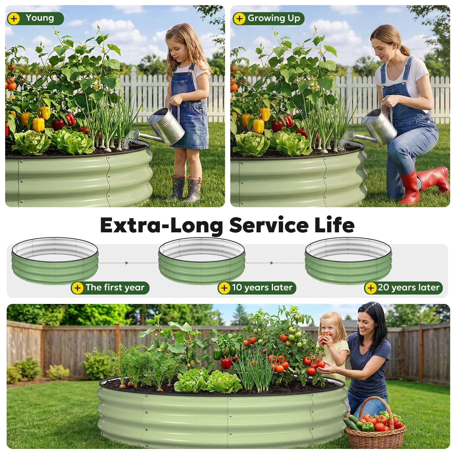 Raised Garden Bed 4x4x1ft, Quccifan Heavy Duty Round Galvanized Metal Planter Box for Vegetables Flowers, Durable Garden Bed for Backyard Patio Balcony, Green