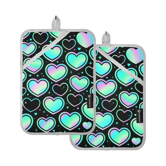 Holographic Hearts Pot Holders Set of 2 Heat Resistant Kitchen Oven Gloves Potholder Cooking Baking Microwave Mitts