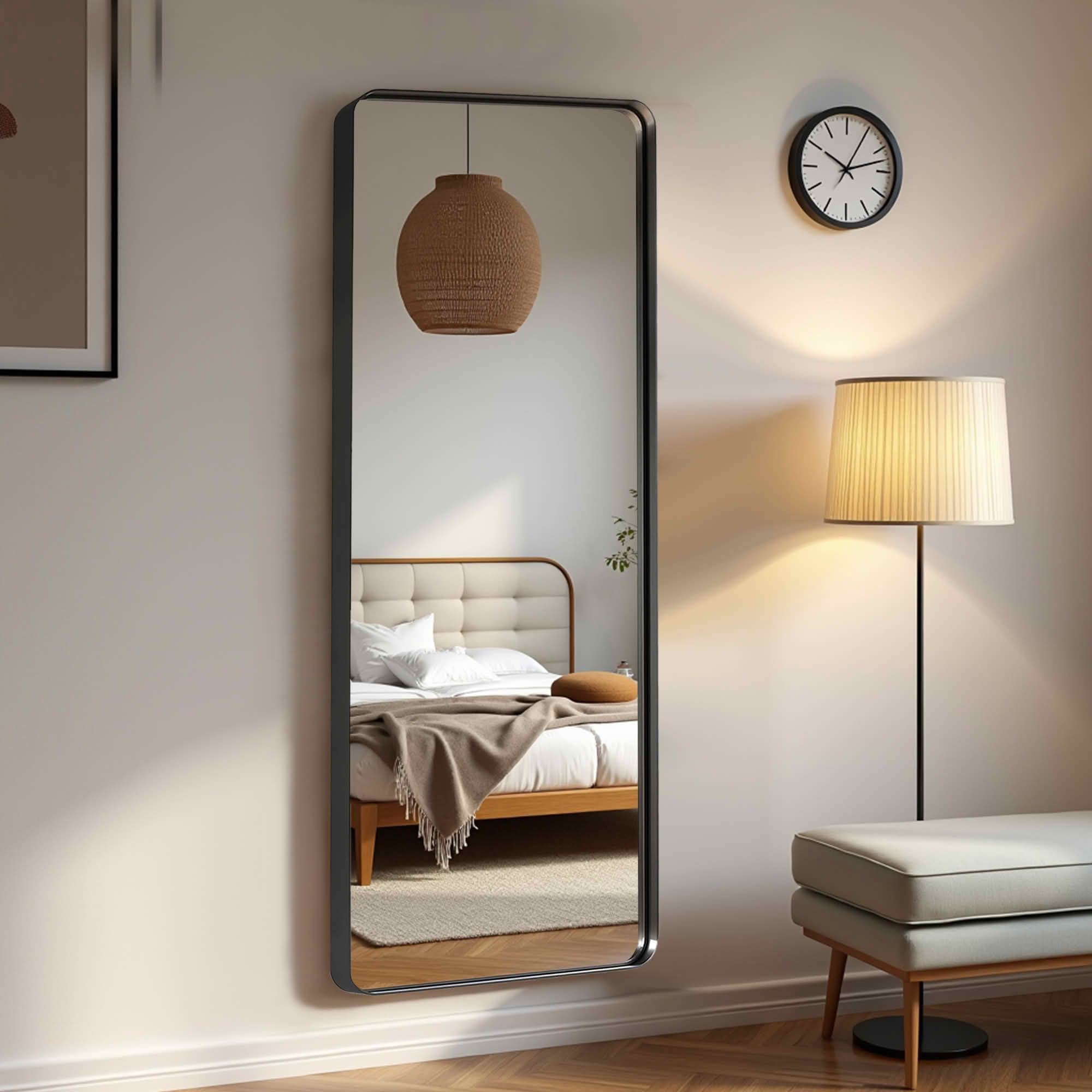 MAYEERTY 64x21x2 Inch Black Painted Aluminum Round Corner Rectangular Full Length Mirror, Deep, No Stand for Bedroom
