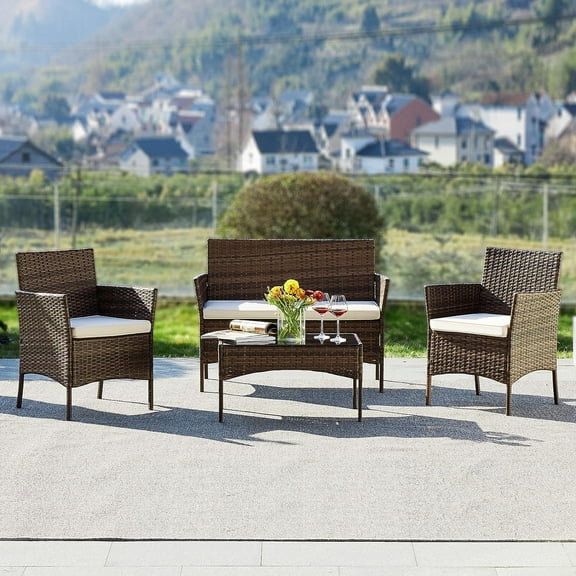 Patio Furniture Set, 4 Pieces All-Weather Rattan Outdoor Furniture Patio Chairs with Tempered Glass Table for Porch Bistro Balcony,Beige