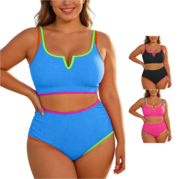 WAYUTE Swimsuit for Women Plus Size Split V Neck Ruffled Patchwork Color Bikini and Swim Bottoms Two Piece Bathing Suits Summer Beach Outdoor,Sky Blue,4XL