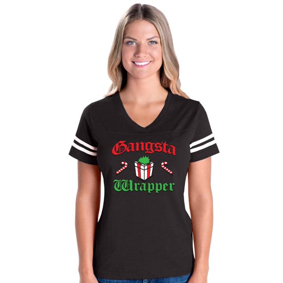 Womens Christmas Wrapper Football V-Neck T-Shirt