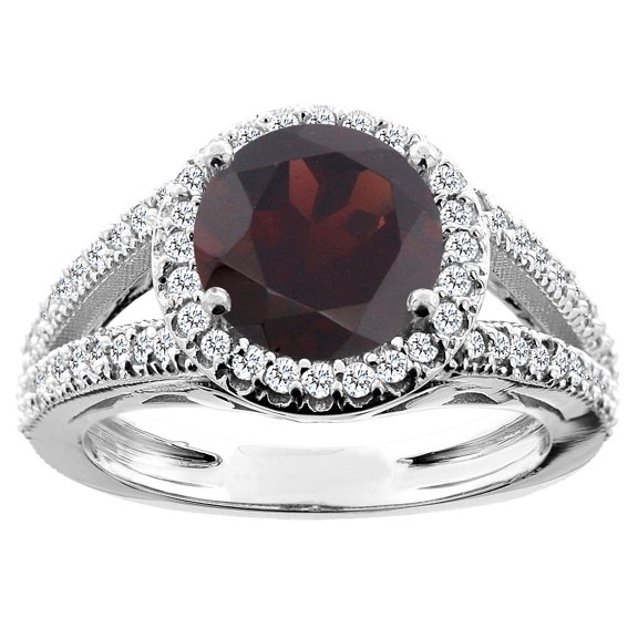 14K White Gold Natural Garnet Ring Round 8mm Diamond Accent, size 10