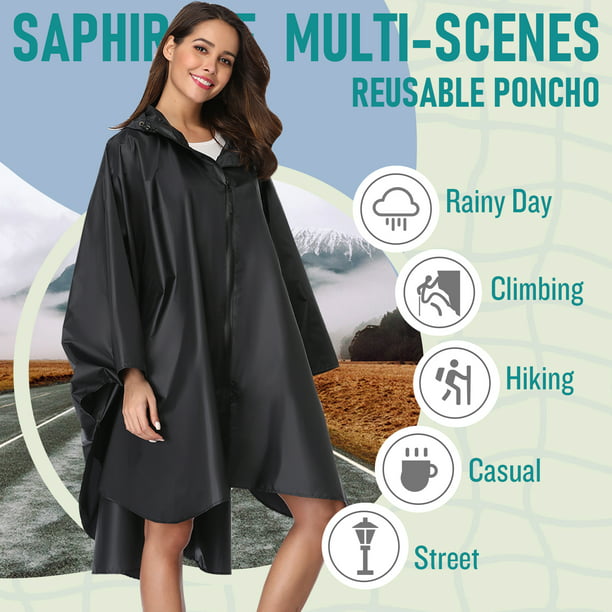 Sinewi Opmærksomhed overbelastning SaphiRose Hooded Rain Poncho Waterproof Raincoat Jacket for Adults with  Pockets Black - Walmart.com
