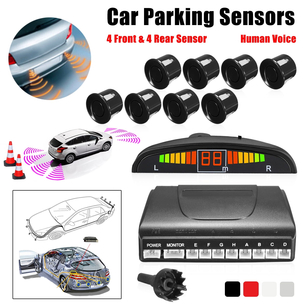 Front/&Rear Car Reverse 4 Parking Sensors Kit Silver Buzzer Alarm System+Display