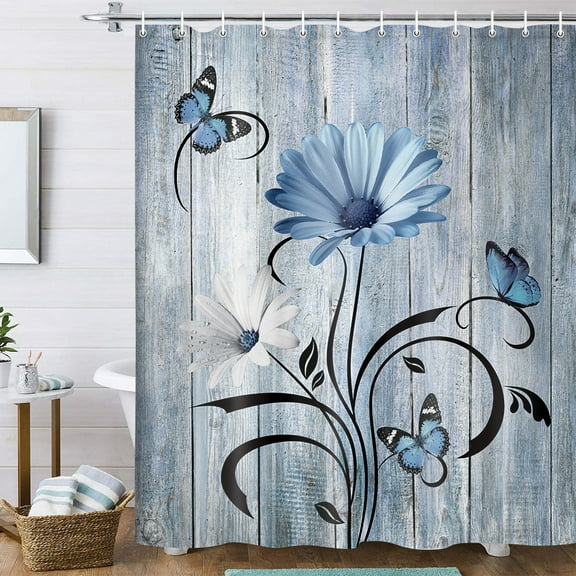 Rustic Farmhouse Floral Shower Curtain, Farm Boho Blue Daisy Spring Flowers and Butterfly on Country Wooden Shower Curtain for Bathroom, Wildflower Curtain with 12PCS Hooks, 47X64IN White Black