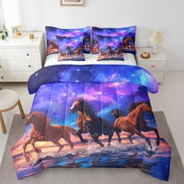 Horse Bedding Comforter Sets 7Pcs Glitter Stars Bed In A Bag,Psychedelic Galaxy Twin Bedding Sets Purple Space Universe Sheet Set With Comforter Galloping Horse Bed Set Animal Theme Home Decor