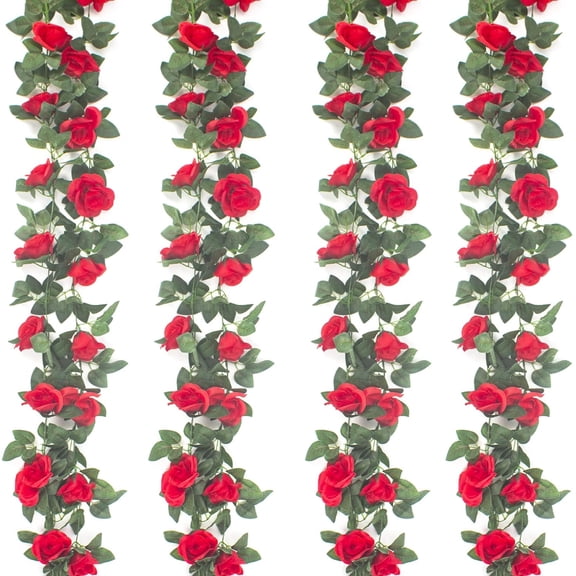 4Pcs(32 FT) Artificial Rose Vine Fake Flower Garland Hanging Rose Ivy Hanging Baskets Wedding Arch Garden Background Decor (Red)