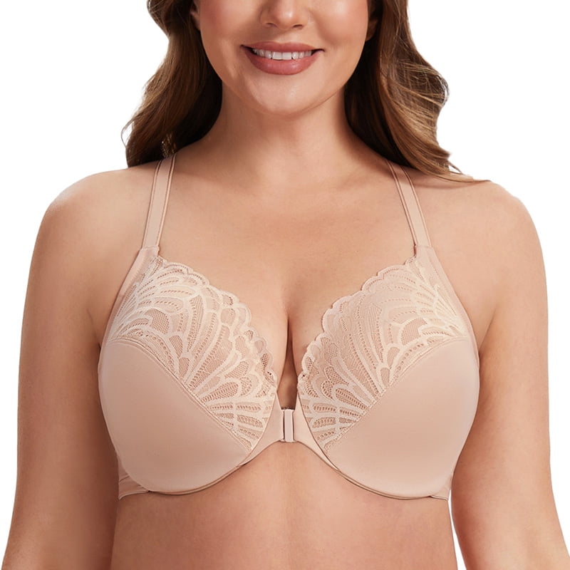 MELENECA Women's Racerback Front Closure Lace Unlined Plus Size Full Coverage Underwire Bra Pale Nude 40B