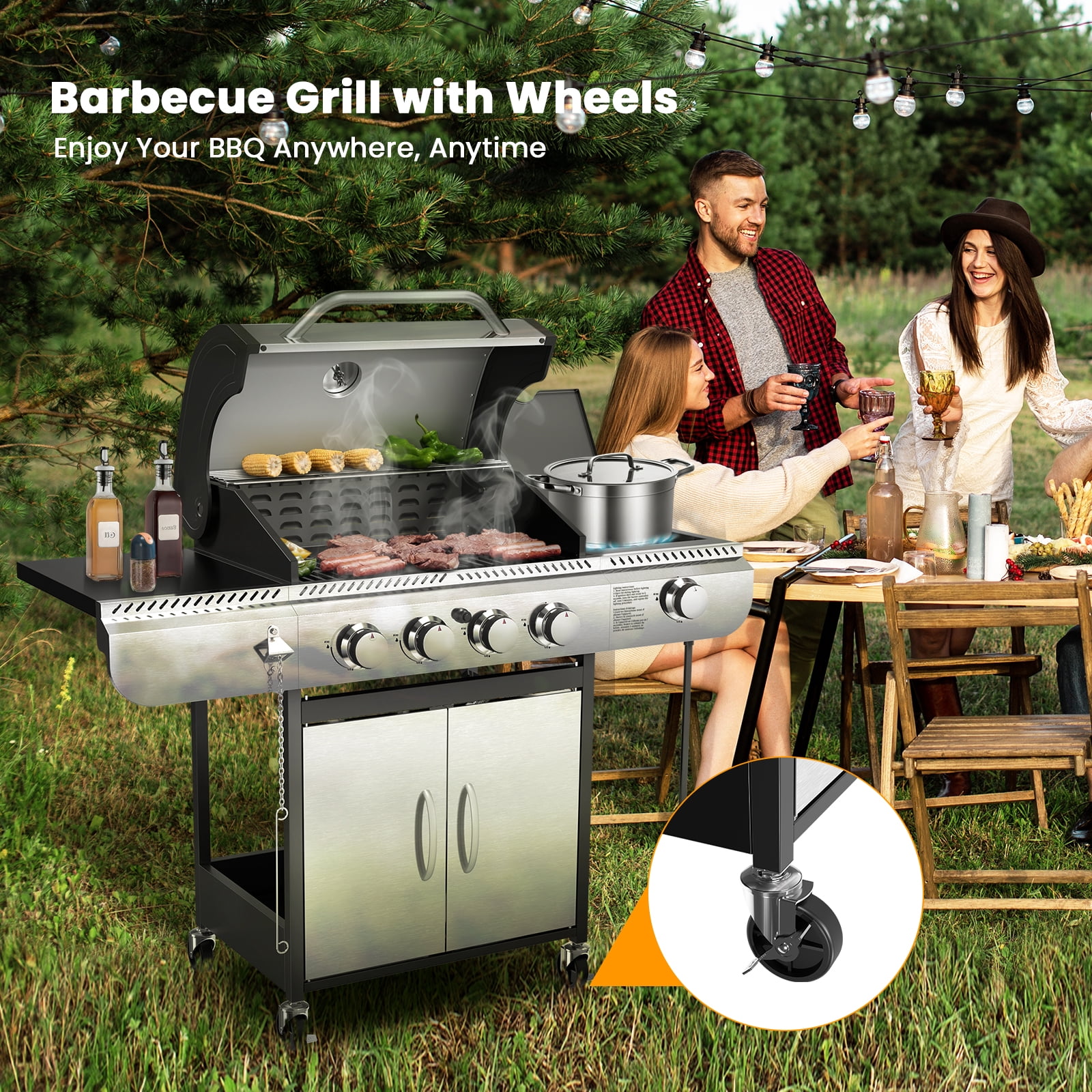 4-Burner Propane Gas BBQ Grill with Side Burner, Porcelain-Enameled Cast Iron Grates, and Baking Pan (42,000 BTU). Ideal for Outdoor Cooking and Patio Barbecues.