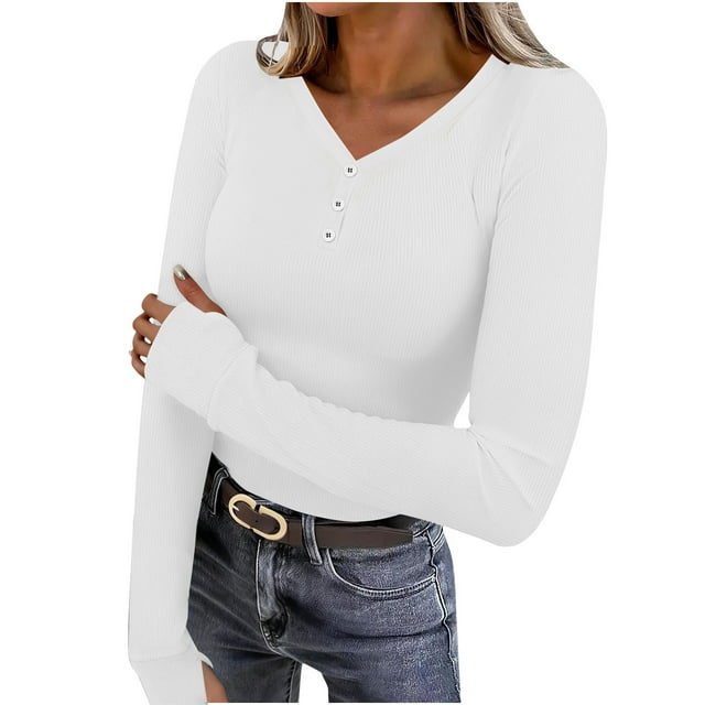 Wensltd Womens V Neck Button Down Shirt Spring and Fall Solid Color Casual Soft Long Sleeve Blouse