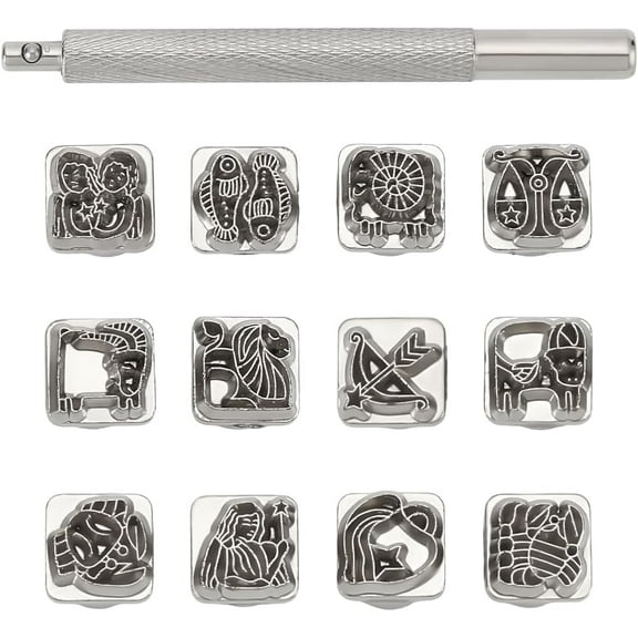 12Pcs Twelve Constellations Theme Metal Stamp Set Metal Stamping Tools DIY Arts and Crafts Supplies with Wood Case Punch Set for Imprinting Metal Stamping Plastic Wood Leather Silver