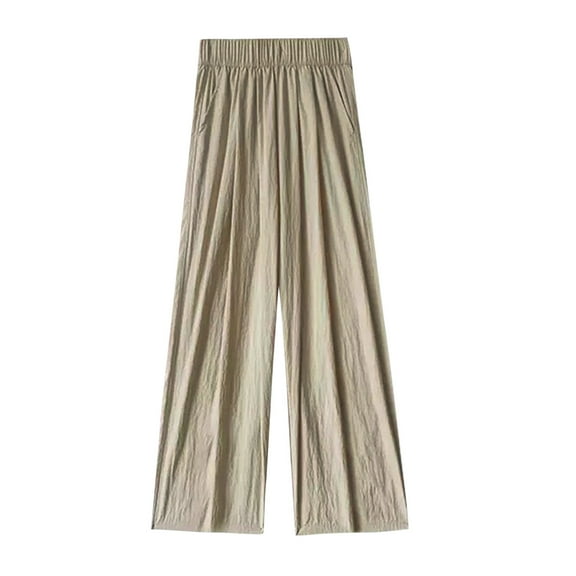 DeHolifer Women Pants Plus Size Comfy Wide Leg Palazzo Lounge Pants High Waist Elastic Waist Pants with Pockets Khaki 4XL
