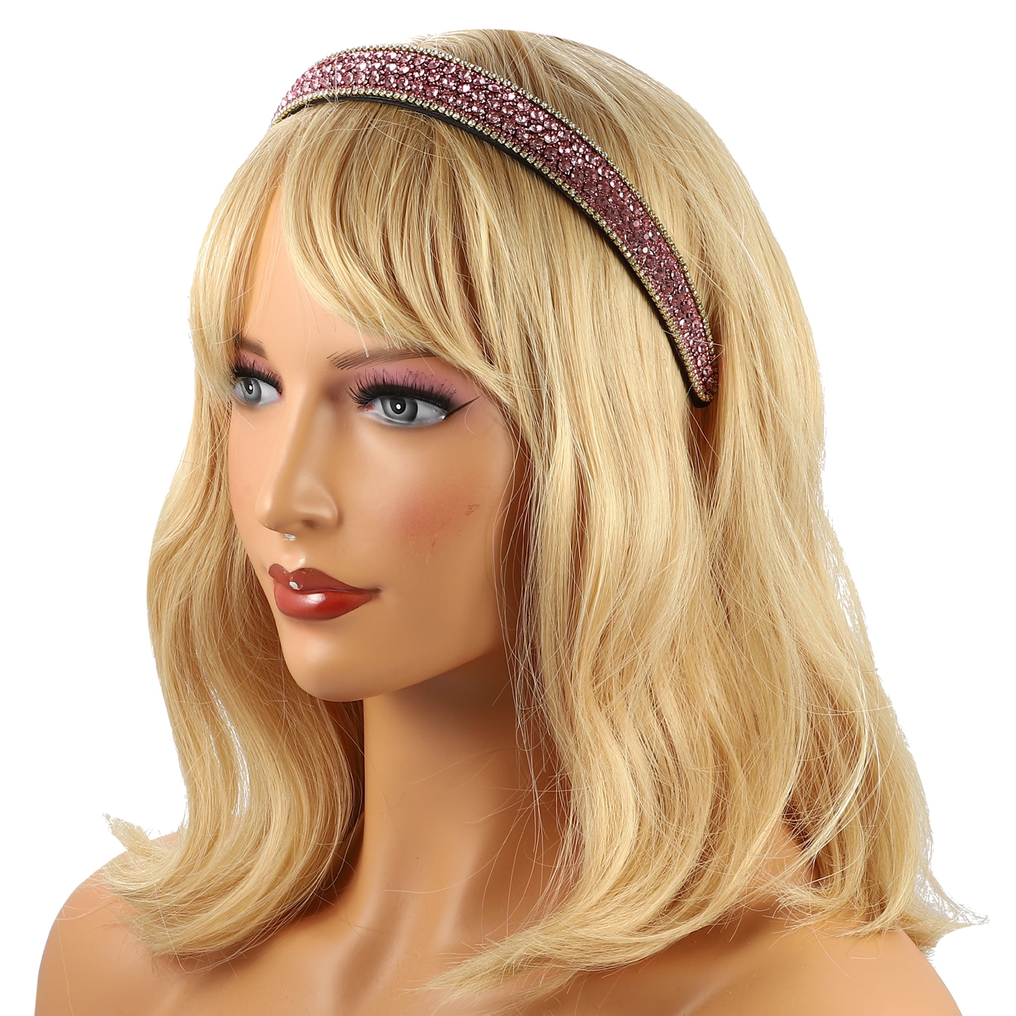 Unique Bargains Rhinestone Headband for Women1 Inch Wide Pink