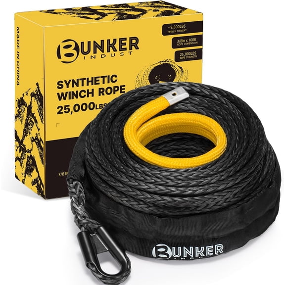 BUNKER INDUST 3/8" x 100' Synthetic Winch Rope,25000LBS Winch Cable with Protective Sleeve 100ft Winch Line Replacement for Off-Road Vehicle SUV Truck, Black