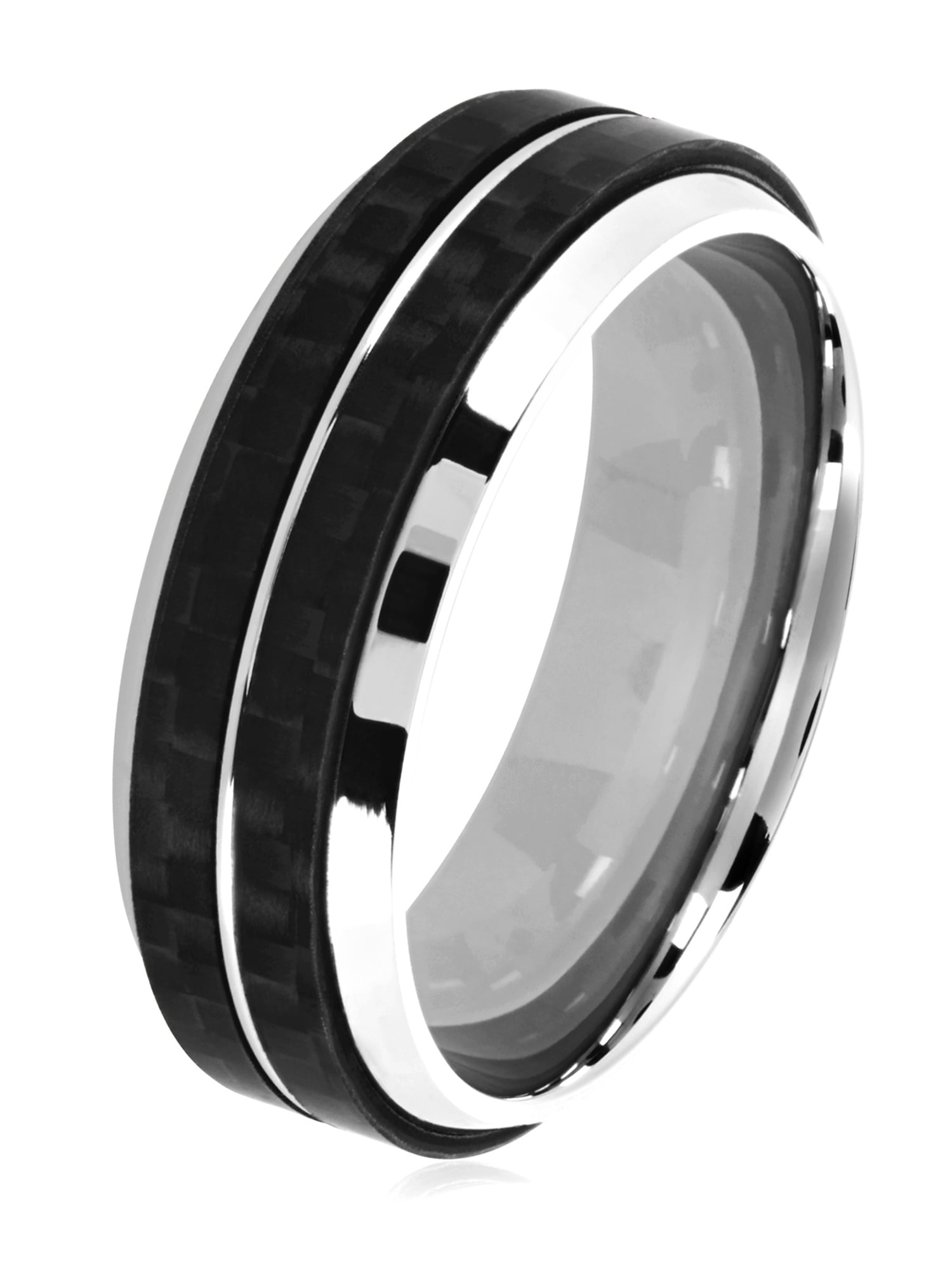 Coastal Jewelry Stainless Steel Dual Carbon Fiber Stripe Beveled Ring