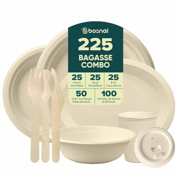 BOSNAL Compostable Tableware Set, 10 inch Round and Oval Plates, 7 inch Round Plates with 32 oz Bowls, 8 oz Cups Lids and Cutlery, Sugarcane Bagasse Meal Set