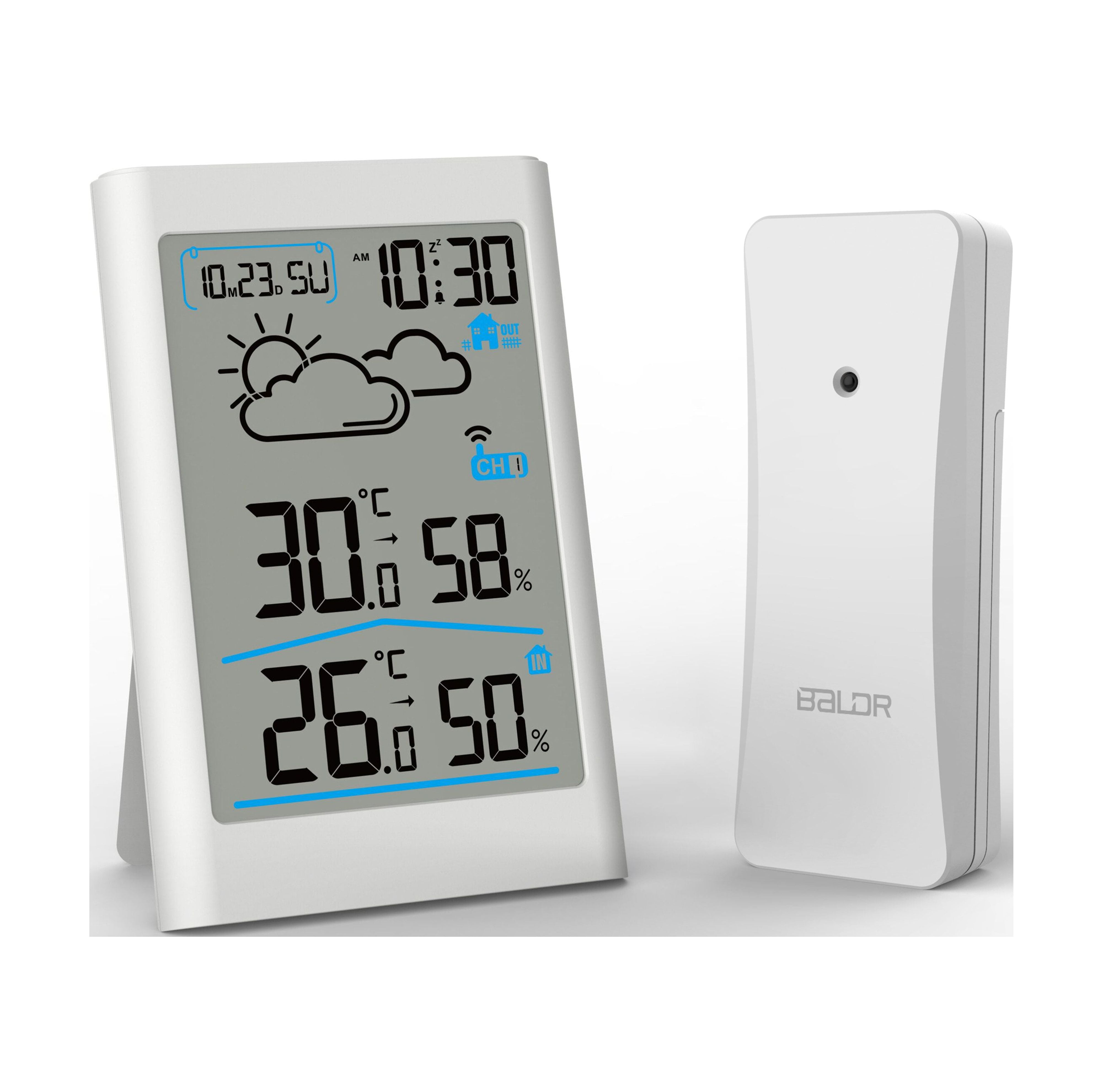 BALDR Indoor Outdoor Thermometer Wireless, Battery Powered Weather Station  Indoor Outdoor with Clock, Portable Outside Temperature Monitor for Home
